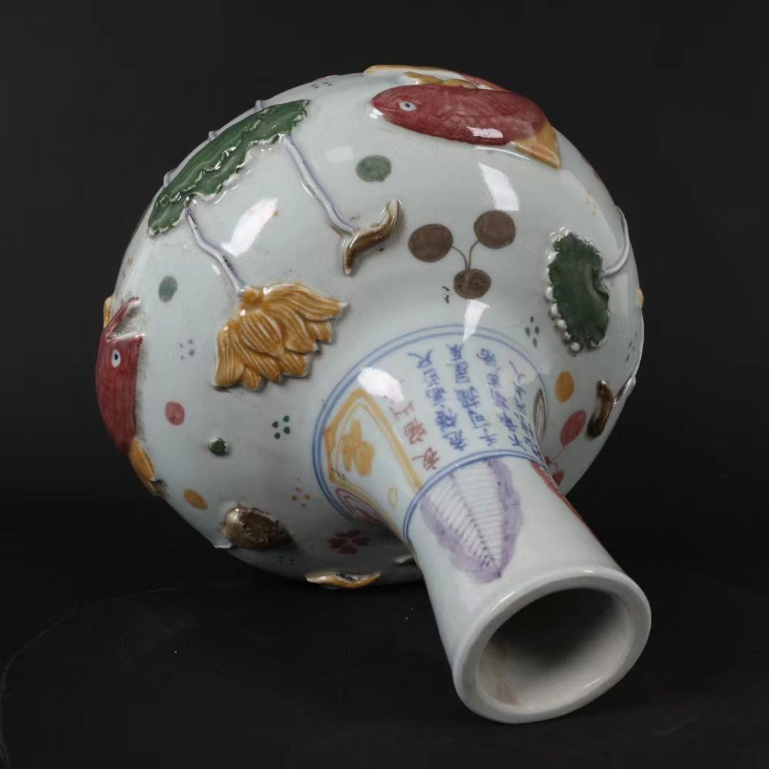 中国古美術✦浮雕・連年有余図・天球瓶30X23cm✦花瓶・文房具・純