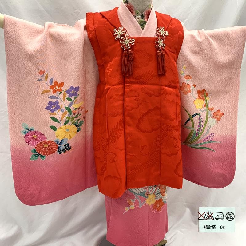 512ag68□七五三 三歳 女児 着物&被布 花車文 ピンク□美品