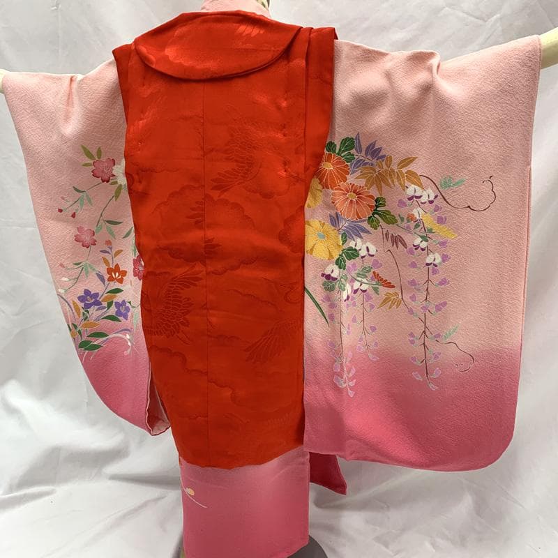512ag68□七五三 三歳 女児 着物&被布 花車文 ピンク□美品