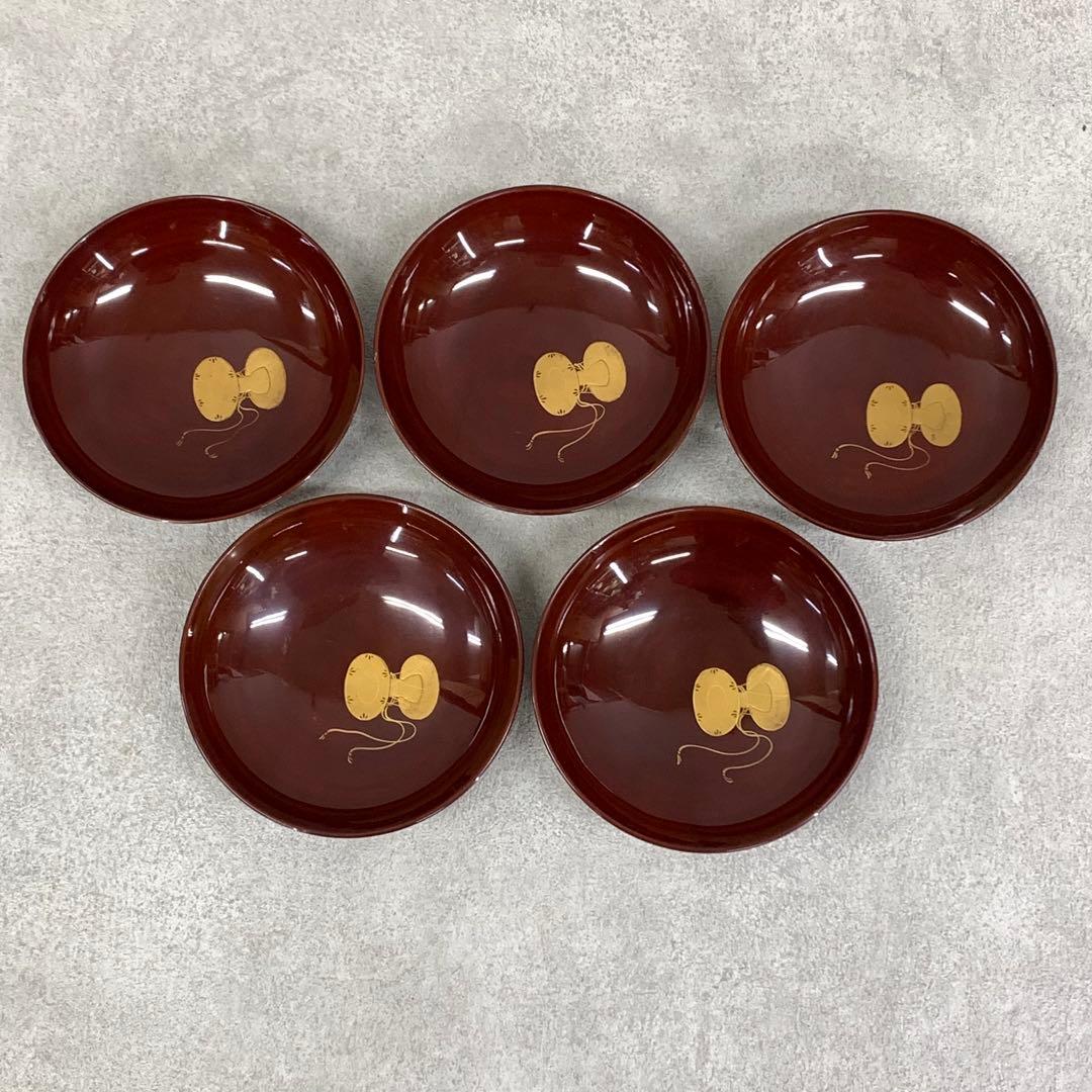 吸物椀 5客 絵変わり 塗り 溜絵 正月 賀正 金彩 汁椀 雑 D