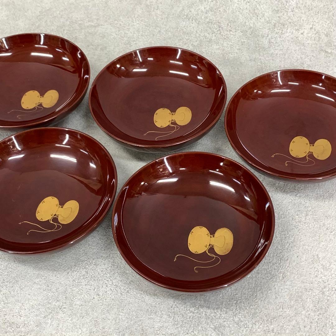 吸物椀 5客 絵変わり 塗り 溜絵 正月 賀正 金彩 汁椀 雑 D