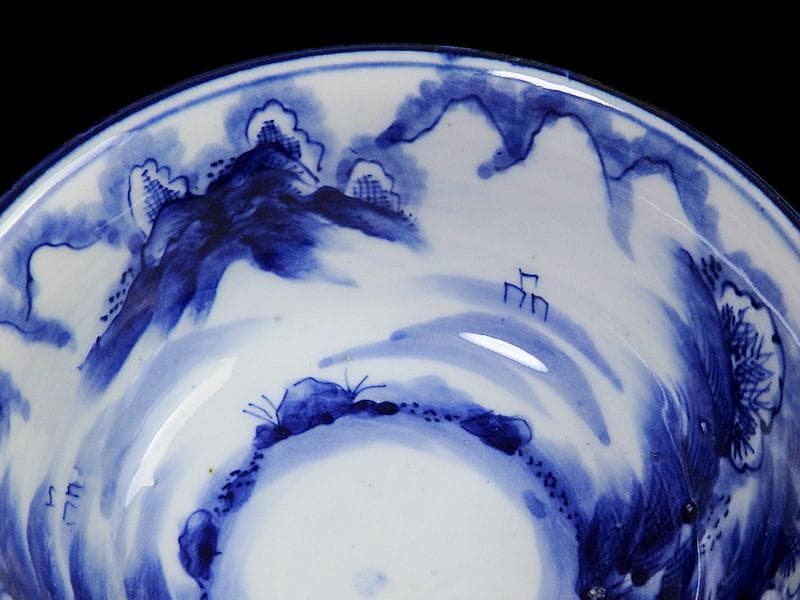 古伊万里　染付　透かし　微塵唐草に唐子　山水紋の図　盃洗　F202ASfbtb