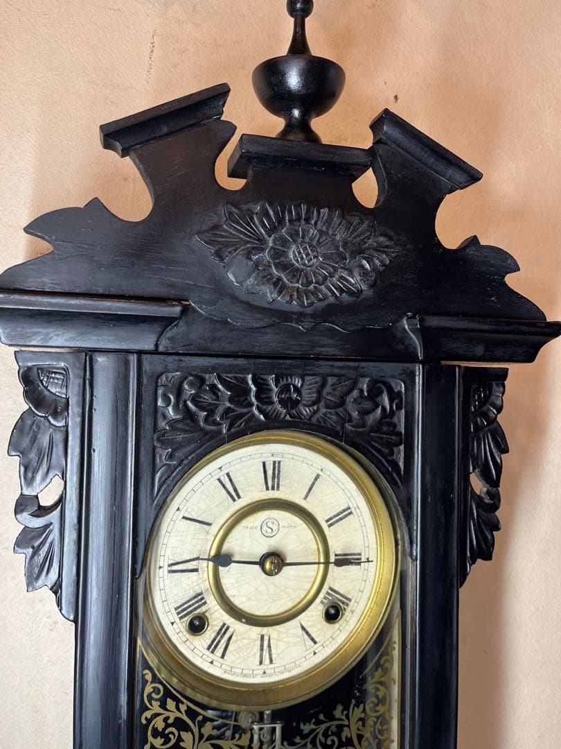 精工舎　黒塗スリゲル　柱時計　古時計　振り子　ゼンマイ　ボンボン　ユンハンス