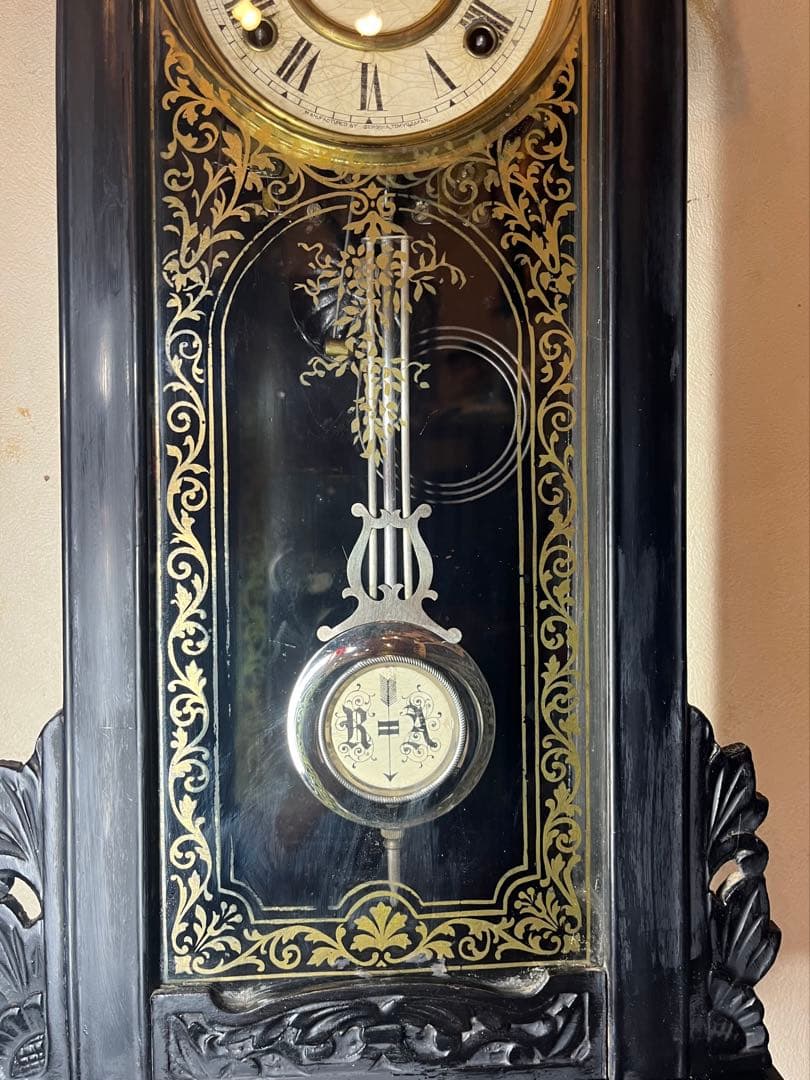 精工舎　黒塗スリゲル　柱時計　古時計　振り子　ゼンマイ　ボンボン　ユンハンス