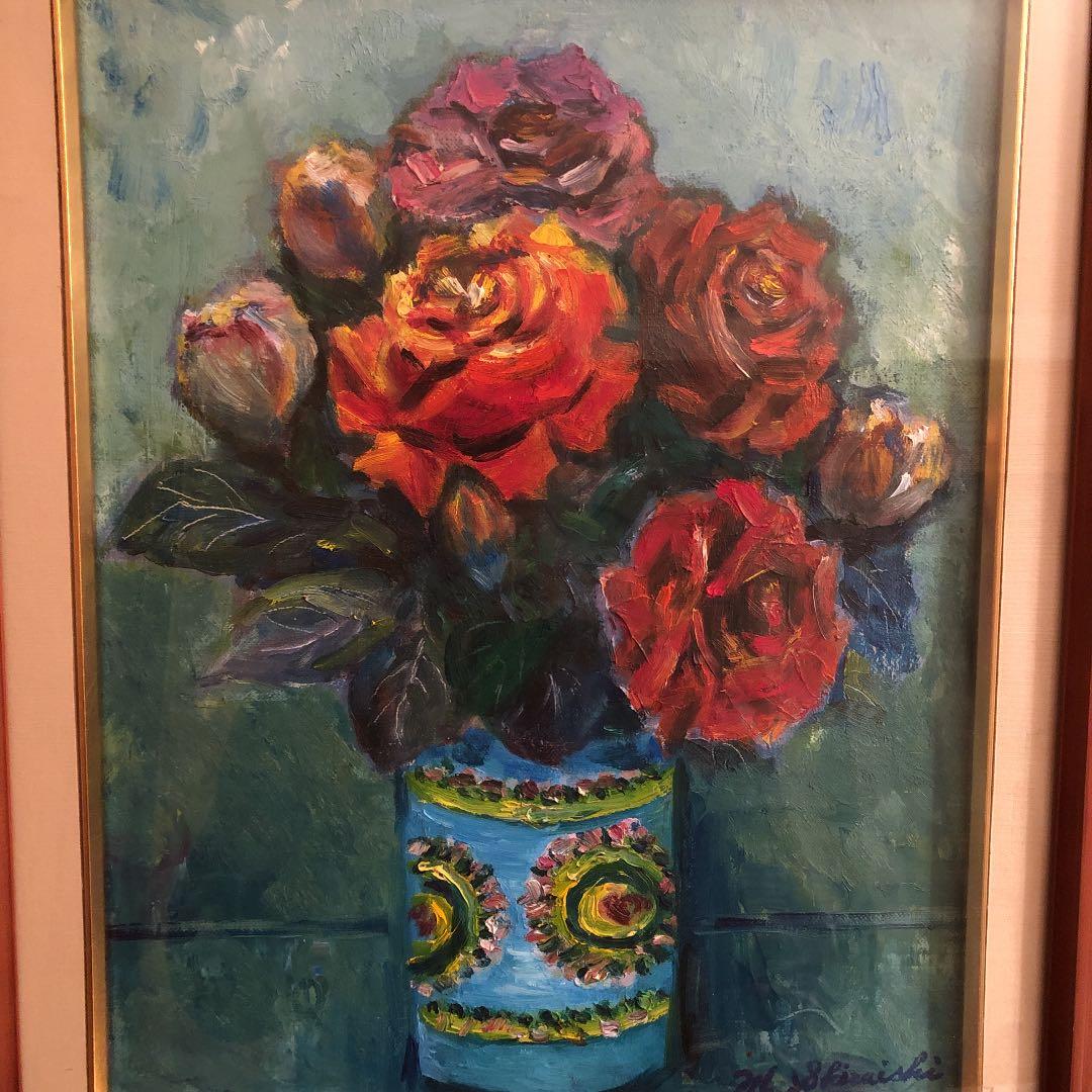 バラ油絵F6(410×318mm) 額縁付絵画 油絵 薔薇 F6 409 × 318