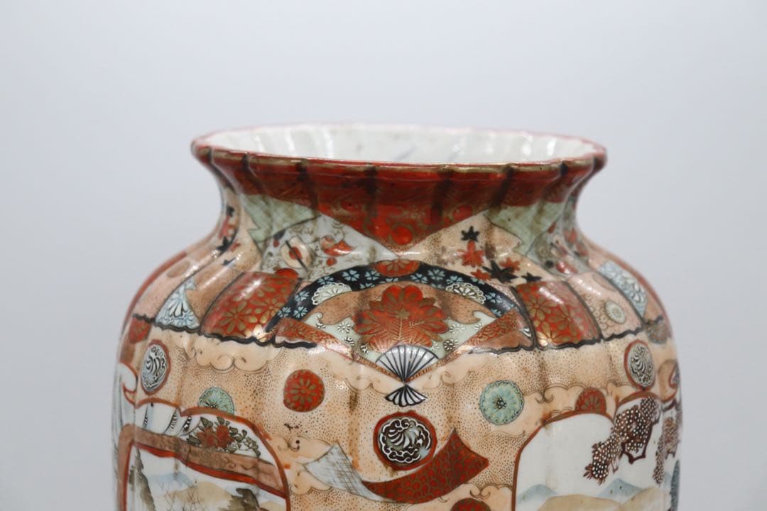 江戸 加賀国九谷造 赤絵灯籠型瓶 人物紋 高さ約35cm 送料