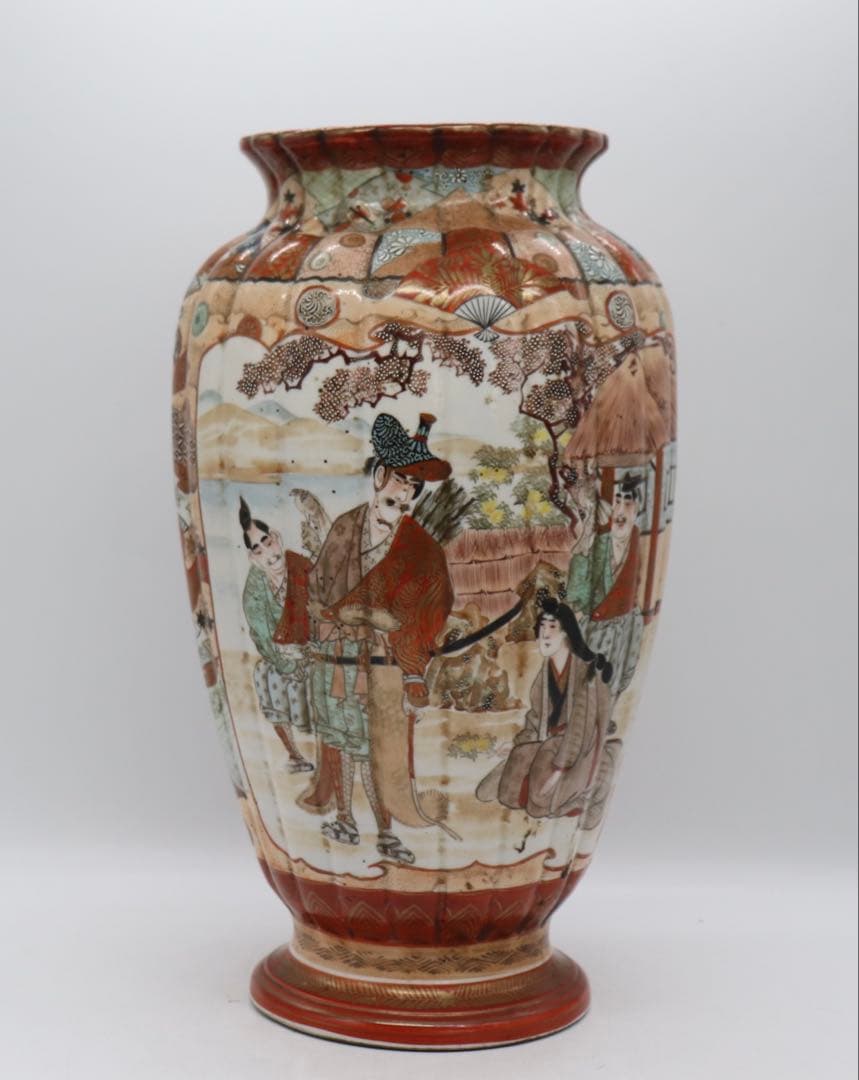 江戸 加賀国九谷造 赤絵灯籠型瓶 人物紋 高さ約35cm 送料