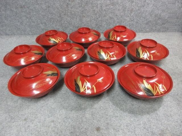 朱塗 蒔絵 風景 梅椀 10個 [B22255]
