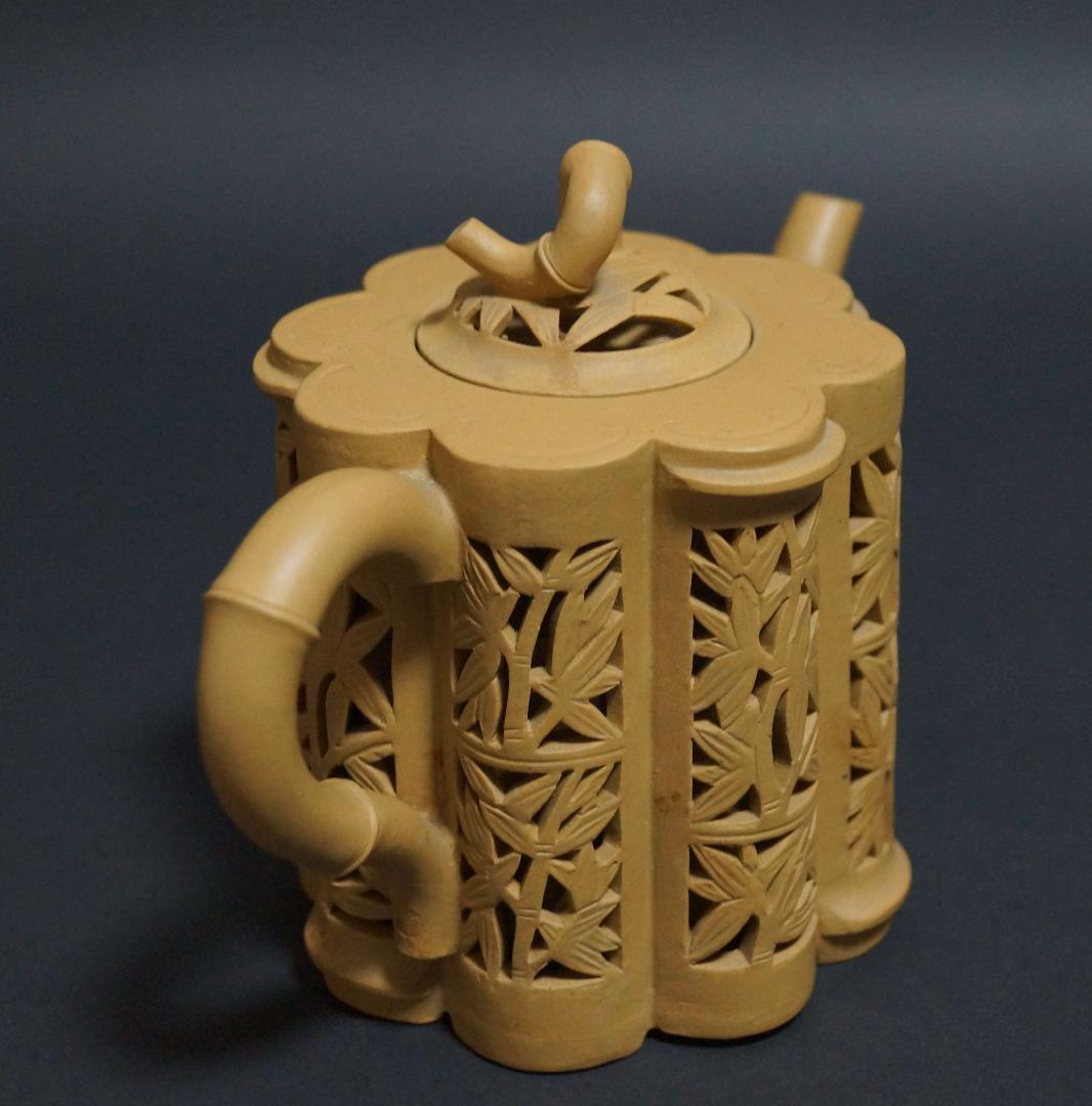 中国宜興 名工 範澤春作 細工透かし彫り『竹彫鏤空』 造形紫砂壺 朱泥