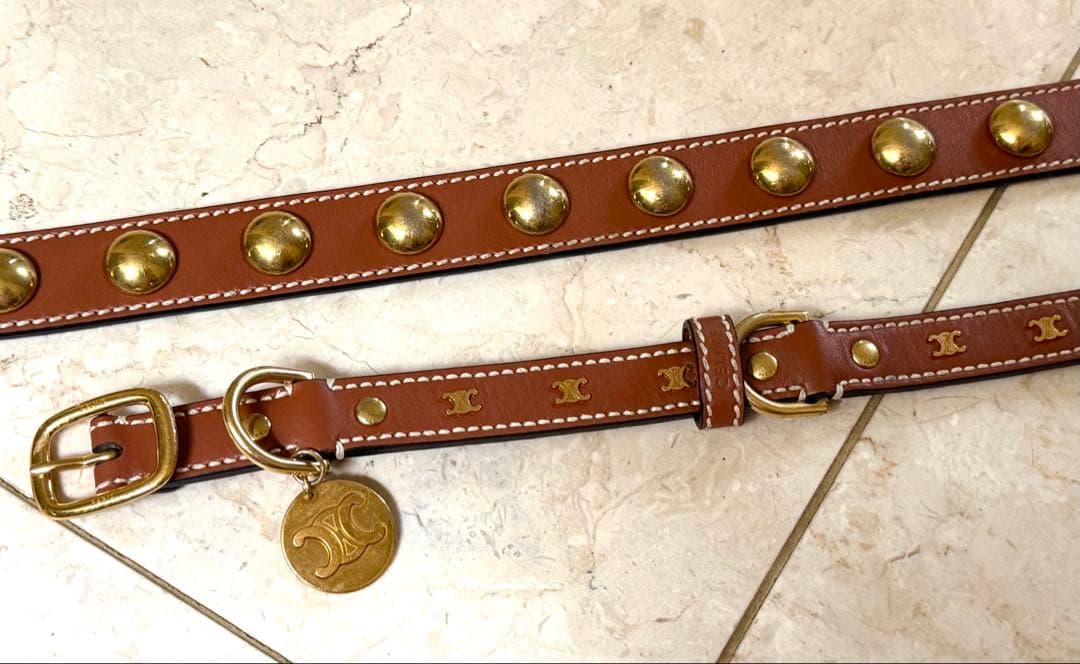 セリーヌブラウンレザー スタッズ付きリード