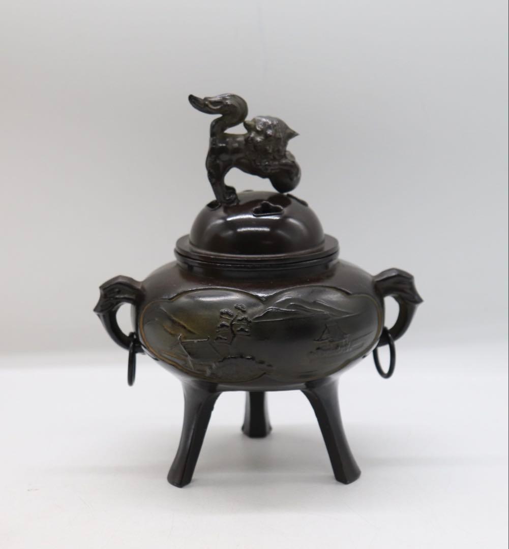 銅製　獅子摘み香炉　共箱　茶道具　送料込み250926