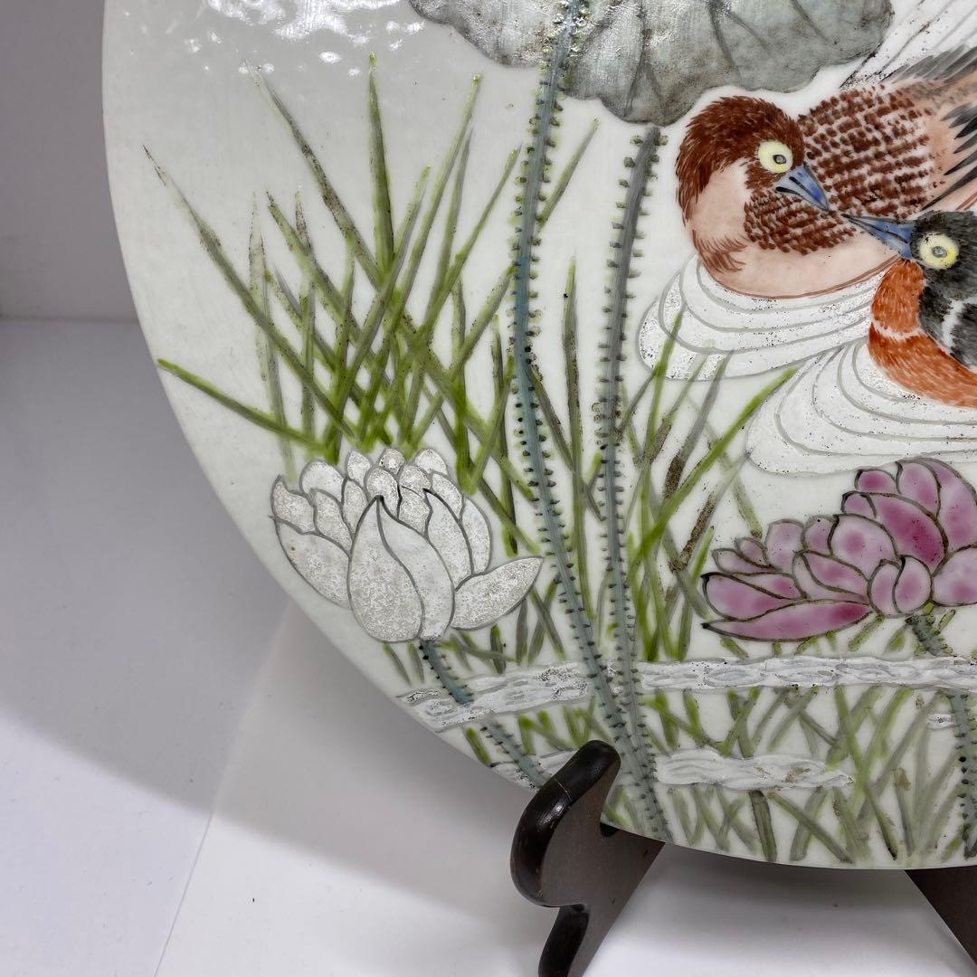 中国清時代 粉彩花鳥図 陶版 直径34.5㎝ タルサ 東さ7-