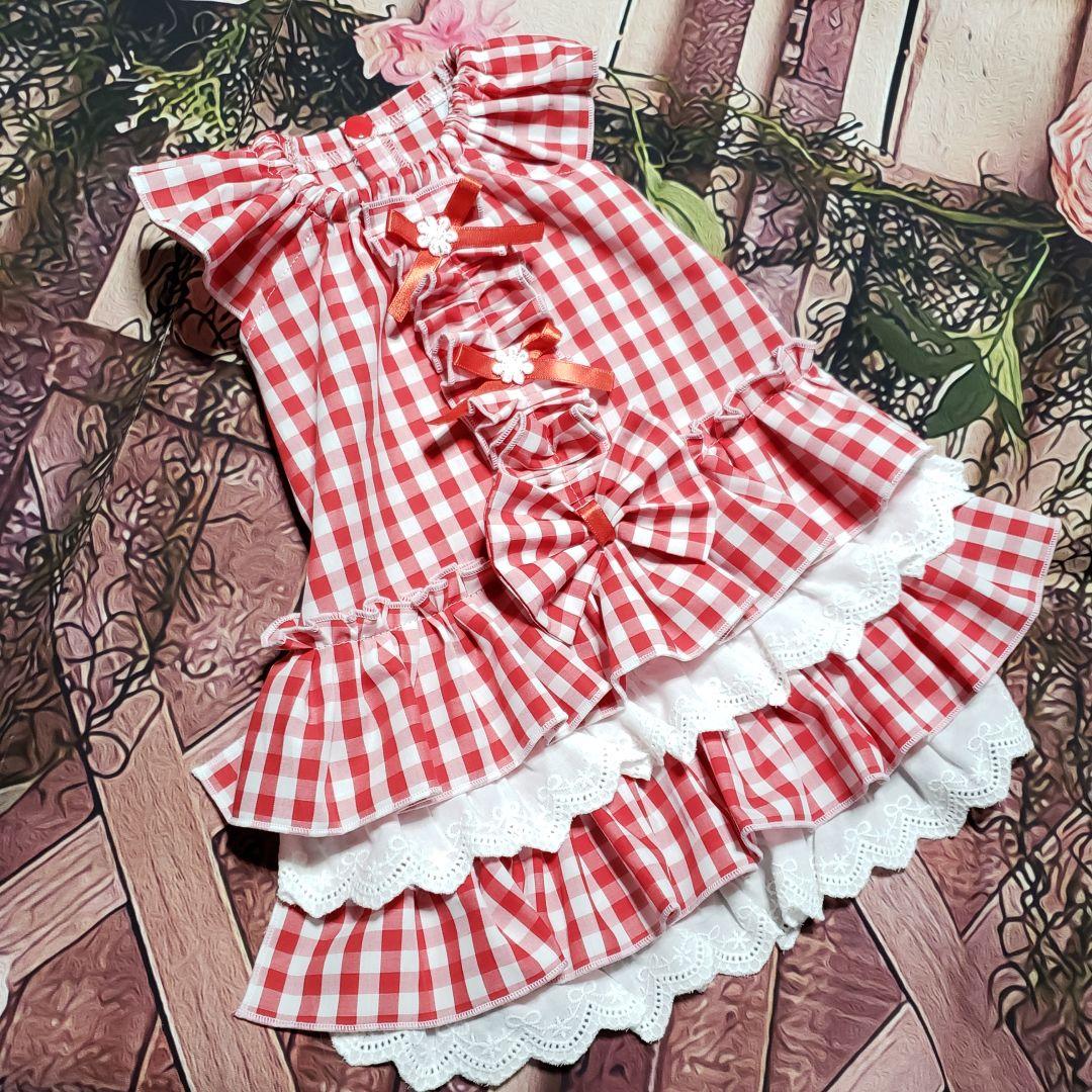 犬服 ハンドメイド ワンピース ギンガムチェック レッド