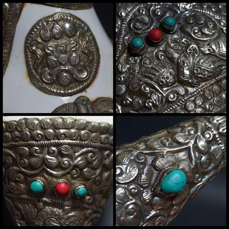 オールドチベット法具大型左巻法螺貝純銀巻きターコイズコーラル象嵌