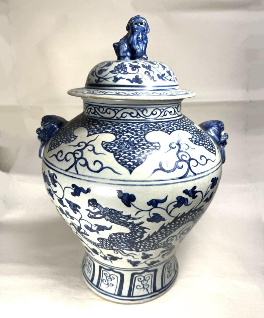 古染付 龍紋獅耳大壷 伝世品焼物 虫食い 青花 呉須