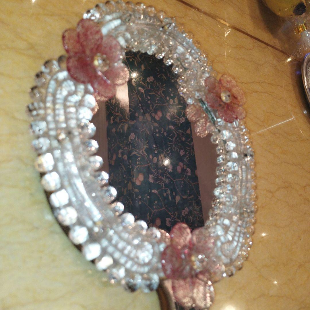 【アンティーク手鏡】イタリア製ベネチアングラス　ピンクのお花装飾