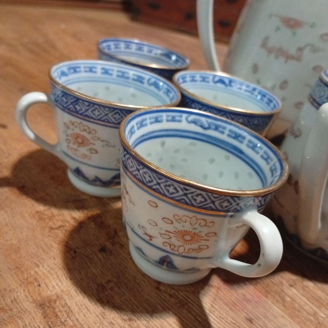 景徳鎮 玩玉 蛍焼透掘 中国茶•煎茶道具 染付龍紋蛍手碗 急須セット 景