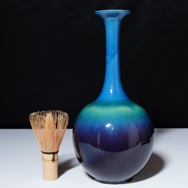 徳田正彦碧明釉花生共箱人間国宝徳田八十吉九谷花入茶道具鑑賞陶磁器