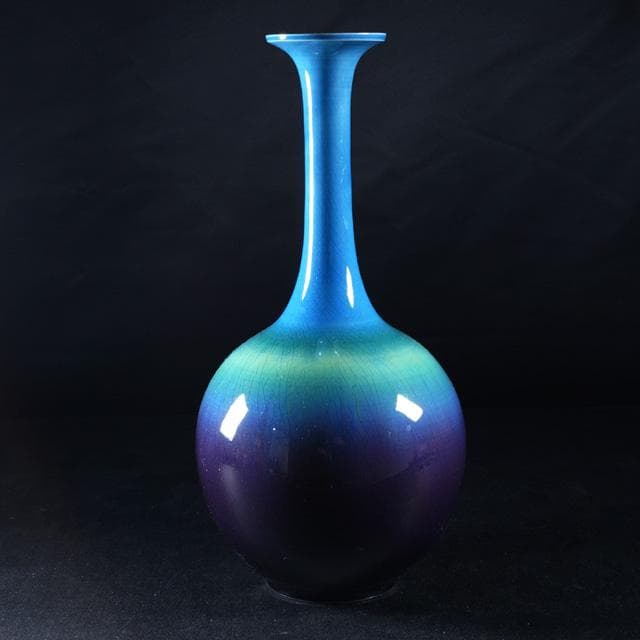 徳田正彦 碧明釉花生 共箱 人間国宝 徳田八十吉 九谷 花