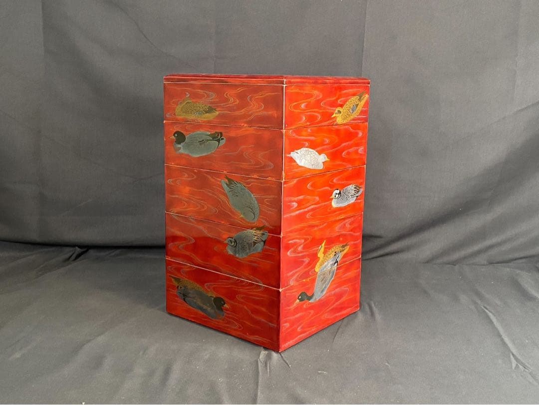 時代漆器 金銀 鴨蒔絵 紅溜 五段重箱 二枚蓋 共箱 木製 / 輪島塗