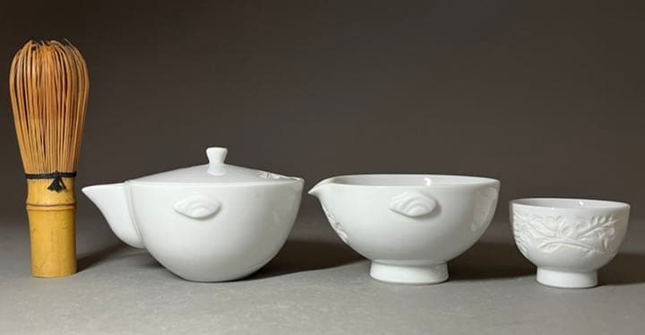 エビス】急須 湯冷まし 茶碗 出石焼 小嶋昇山造 盈進舎 白磁 煎茶道具
