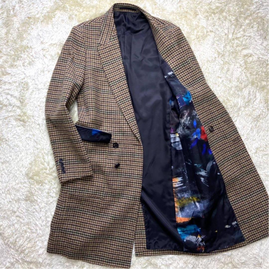 Paul Smith ロング チェスターコート 千鳥格子柄 × 裏地ペイント柄