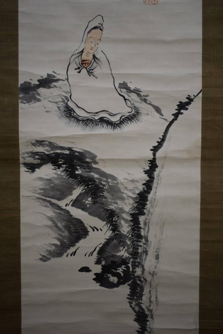 真作/田近竹邨/岩上白衣観音図/河野秋邨の桐極箱