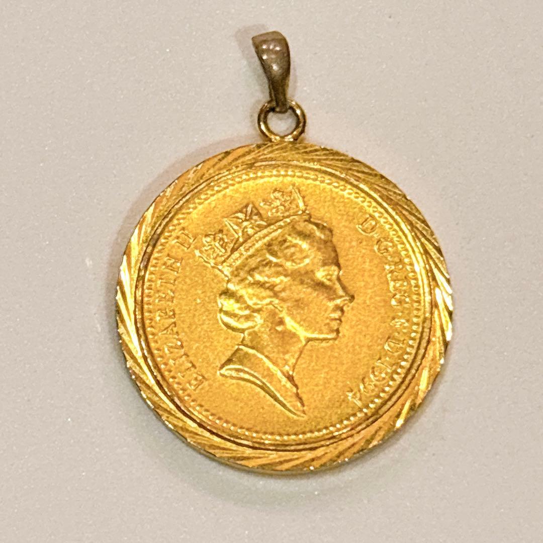 エリザベス女王 1ペニー金枠 コインペンダント 英国製 ヴィンテージ風