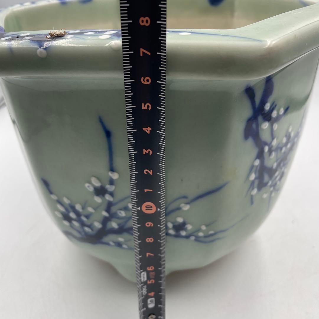 瀬戸 梅文 青磁 植木鉢 盆栽鉢 梅鉢 時代物　❷個セット