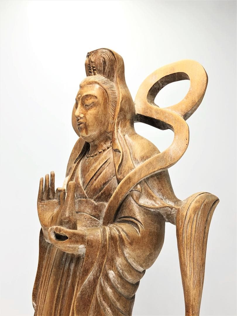 木彫羽衣観音 】 柘植36.5cm アンティーク