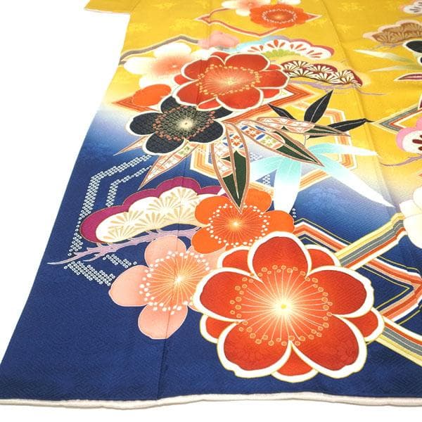 振袖 着物 金彩加工 地紋 黄色 紺色 松竹梅 裄66 L 中古 sn1462