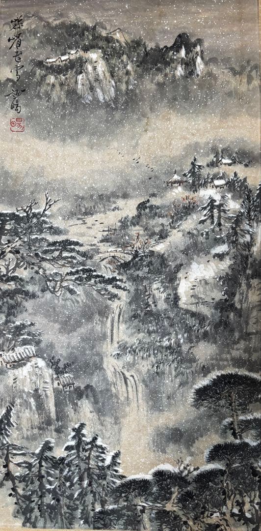 水墨画掛け軸白雲紅樹 謝陽画山水中国張大千大風堂カラー箱付