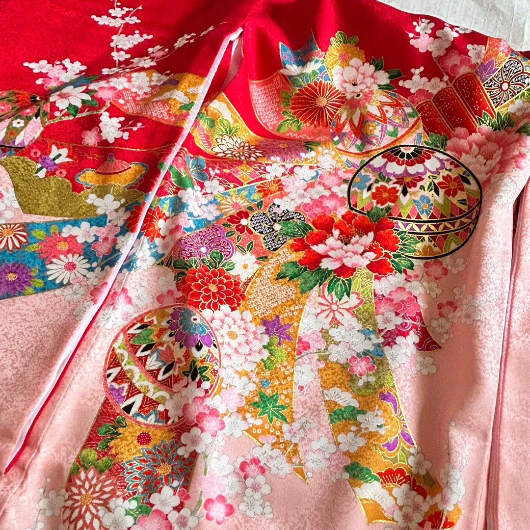 七五三 3歳 フルセット 着物 753 絹 被布 ピンク 三歳 赤 草履