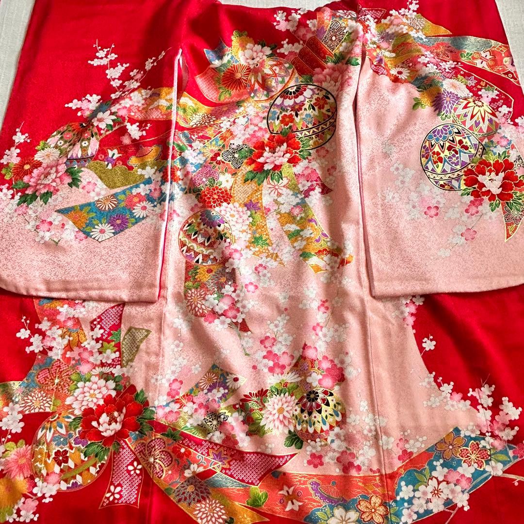 七五三 3歳 フルセット 着物 753 絹 被布 ピンク 三歳 赤 草履