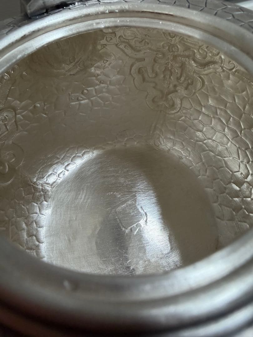純銀製 四面饕餮文様彫刻 銀瓶 湯沸 煎茶道具 古美術 約622g