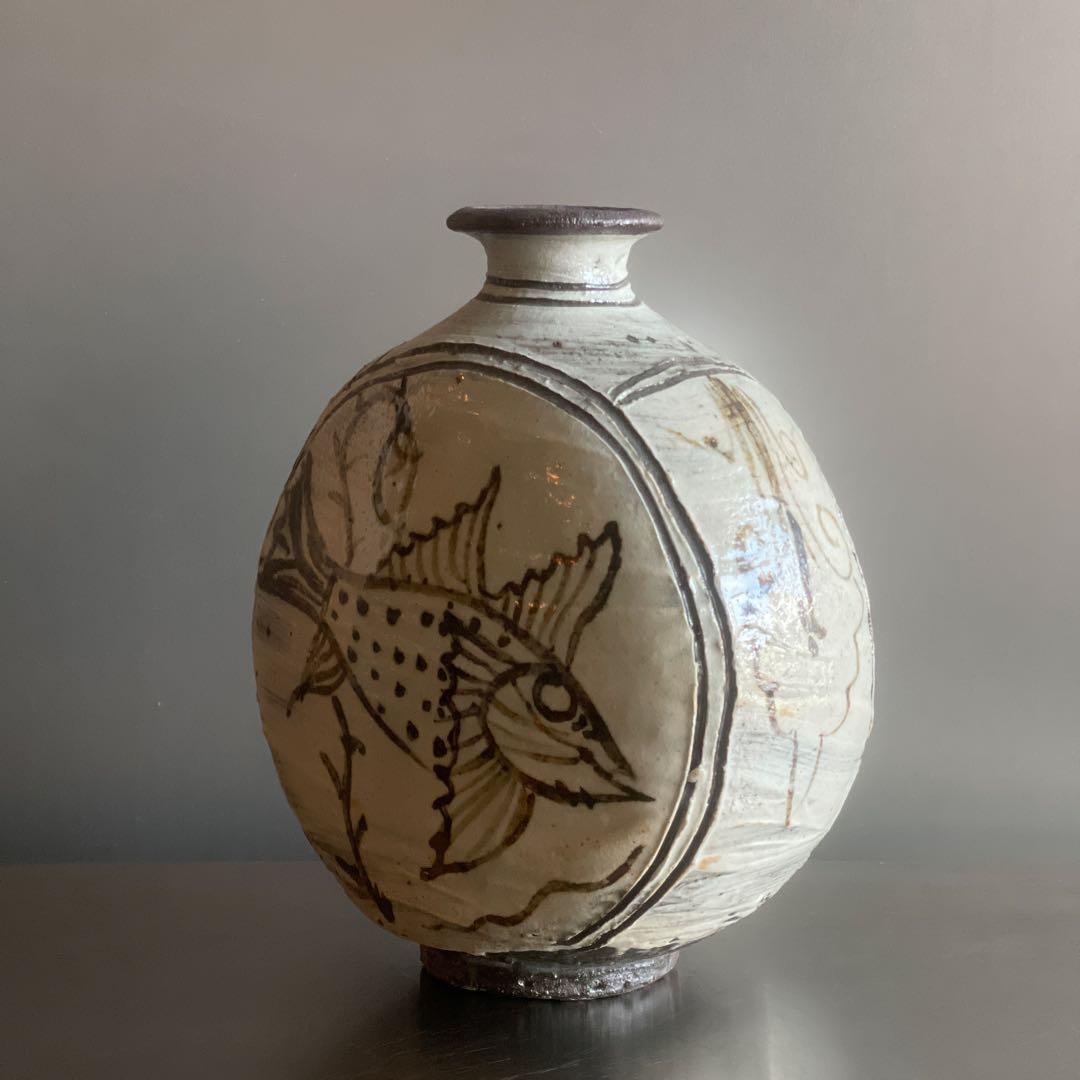 魚紋太鼓形花器　陶芸家村田森作品　新品未使用　激レアアイテム