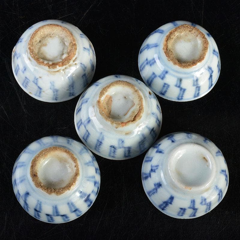 煎茶道具 南京染付 線文 茶杯 ぐい呑 五客 時代箱付 古玩 M