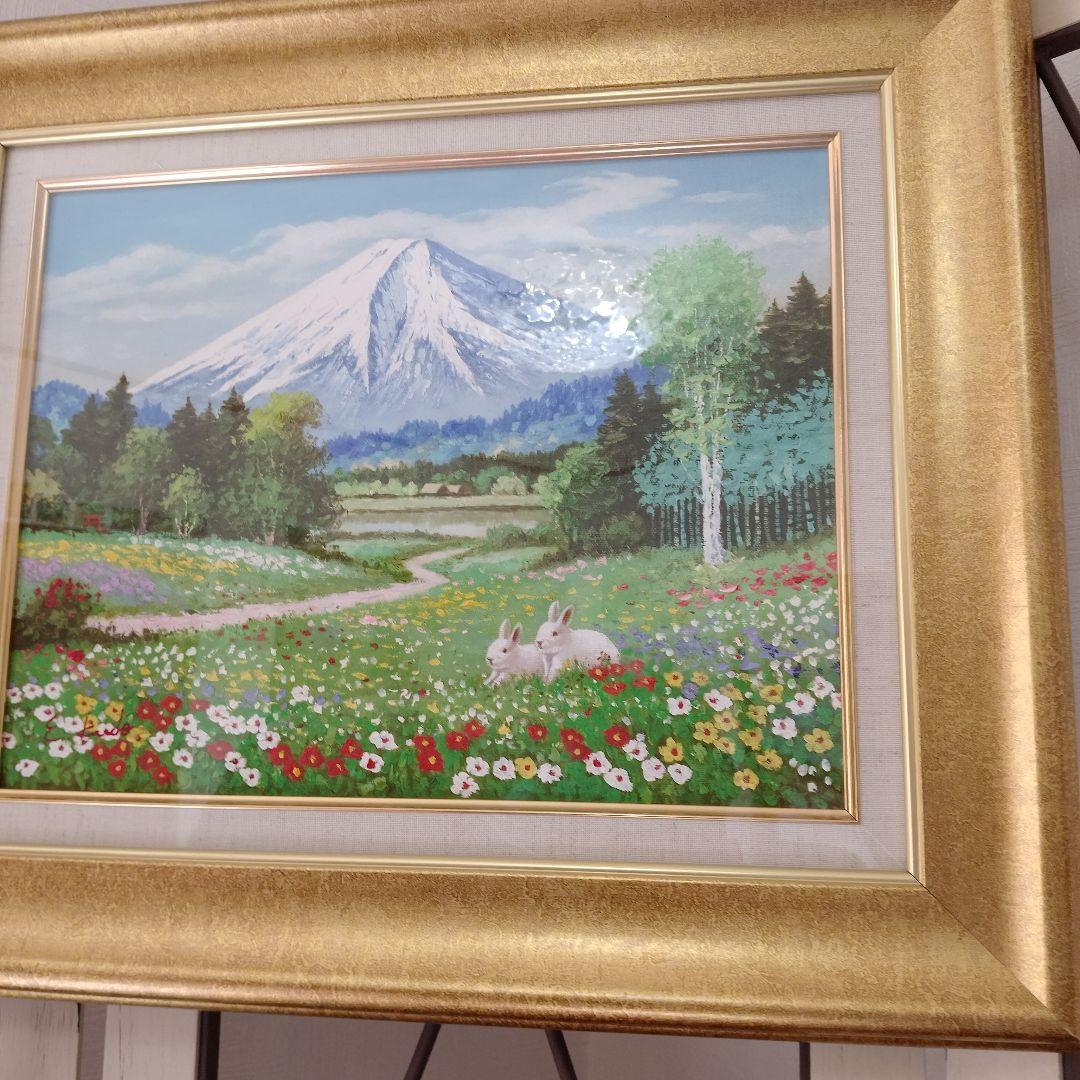 【美品】油彩画　サイン入り　富士山の風景画 　ウサギ　肉筆画　雪