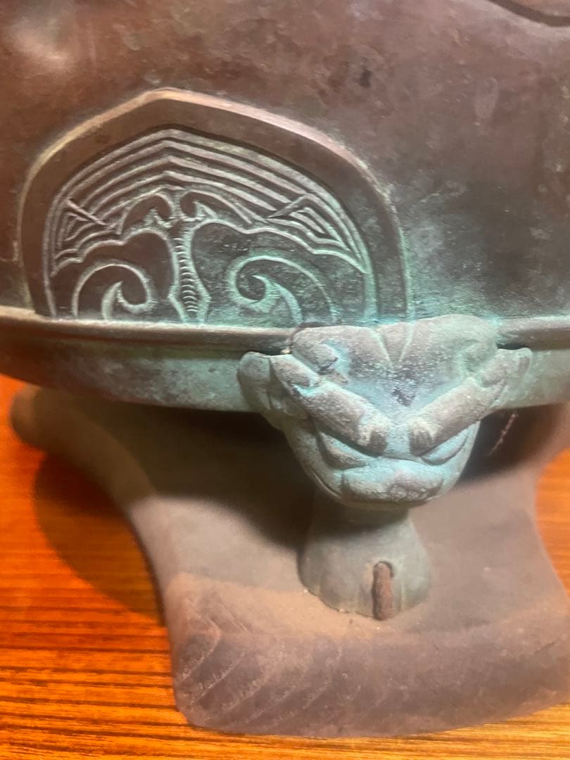 古銅 火鉢 獣三つ足 木台付き 骨董