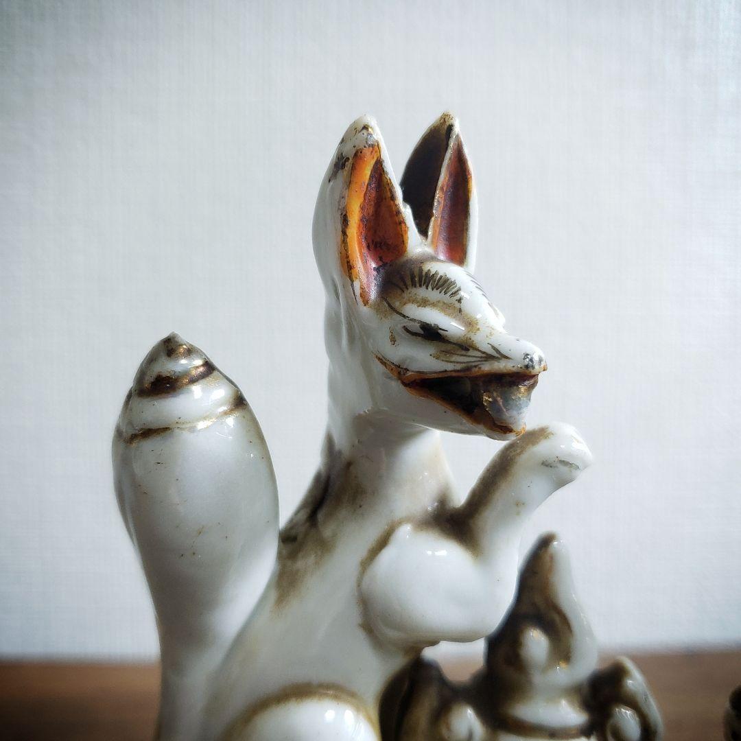 時代物 白磁 色絵 金彩 御稲荷様 神狐 稲荷狐 置物 一対 高さ10cm