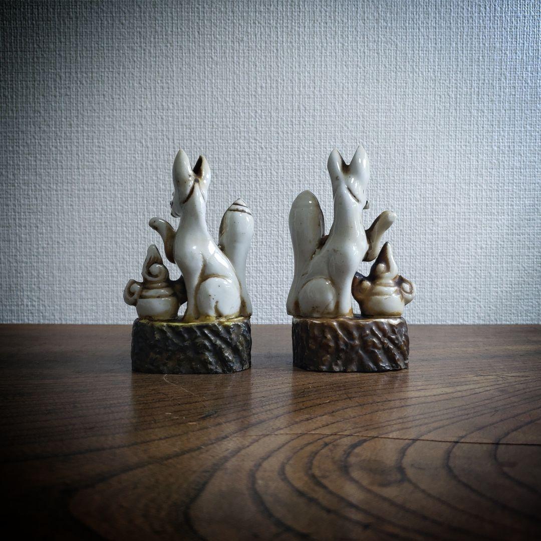 時代物　白磁　色絵　金彩　御稲荷様　神狐　稲荷狐　置物　一対　高さ10cm