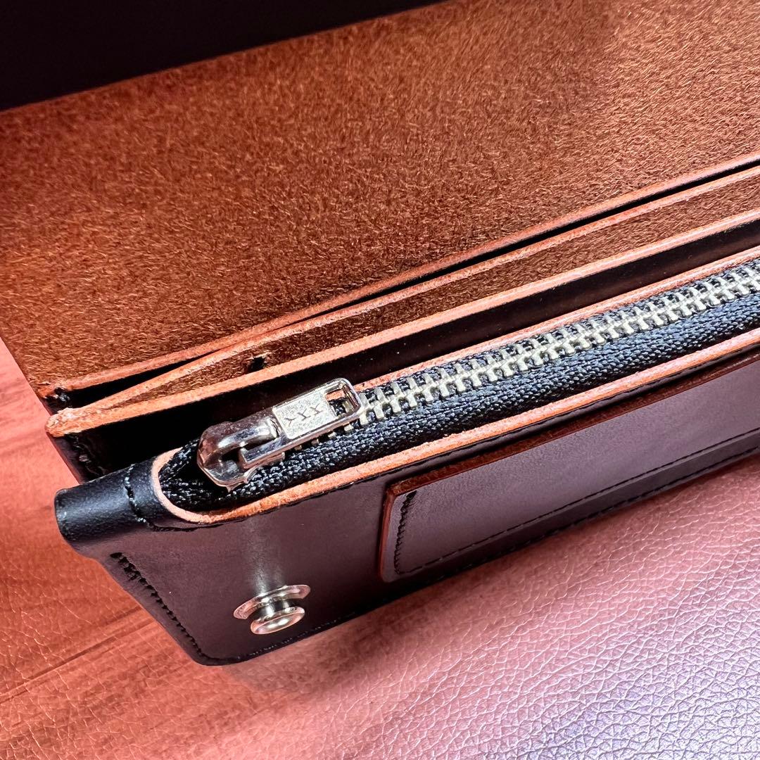 【トラッカーウォレット ロング 3層】 ブラック 茶芯 北米ステア シルバー