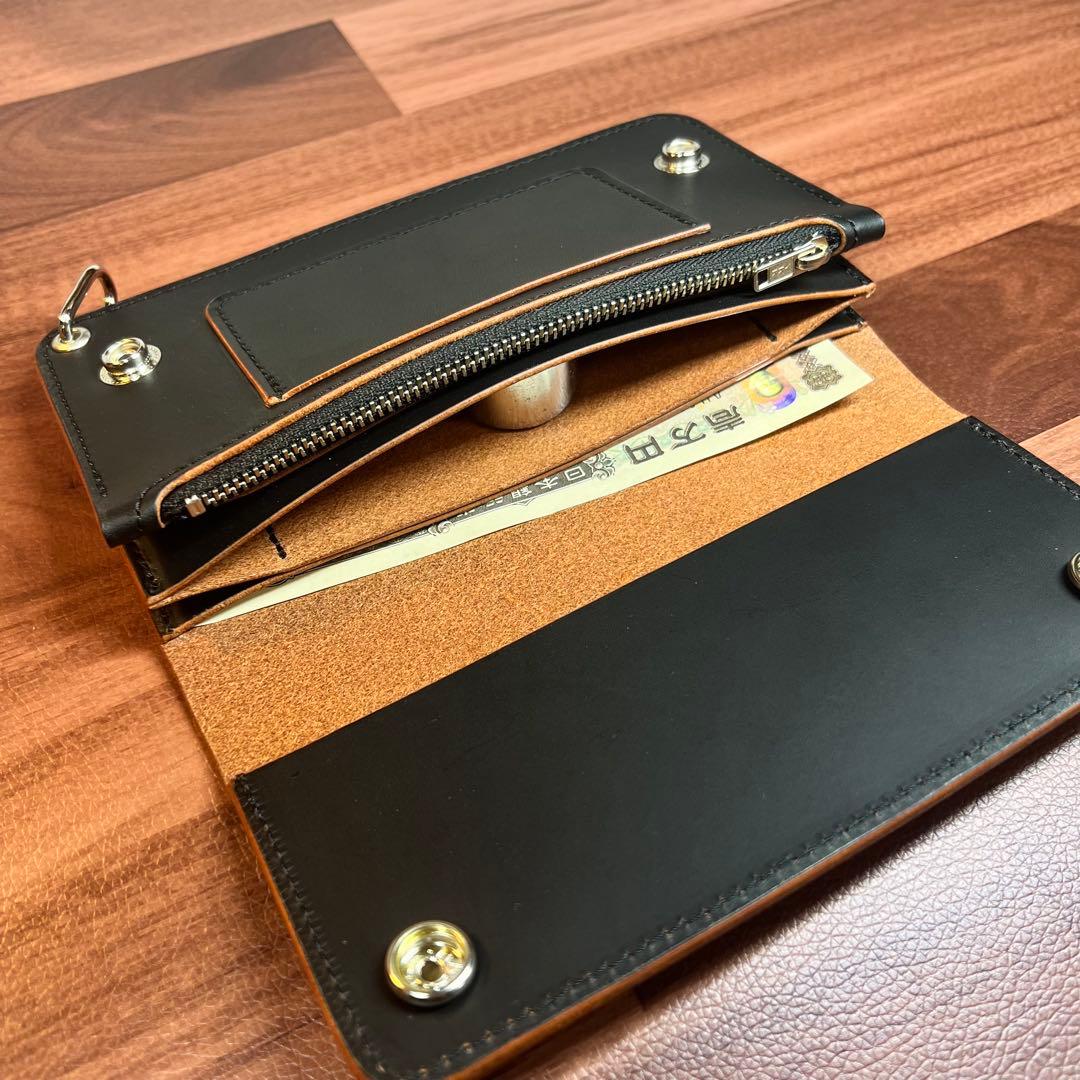 【トラッカーウォレット ロング 3層】 ブラック 茶芯 北米ステア シルバー