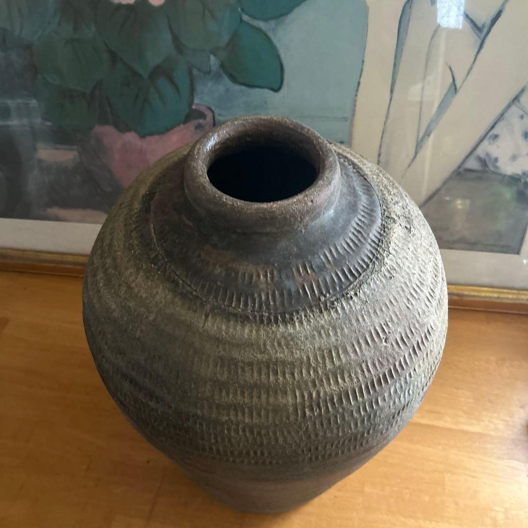 神楽焼 大壺 骨董品 ブロンズ色陶器の大きめの壺