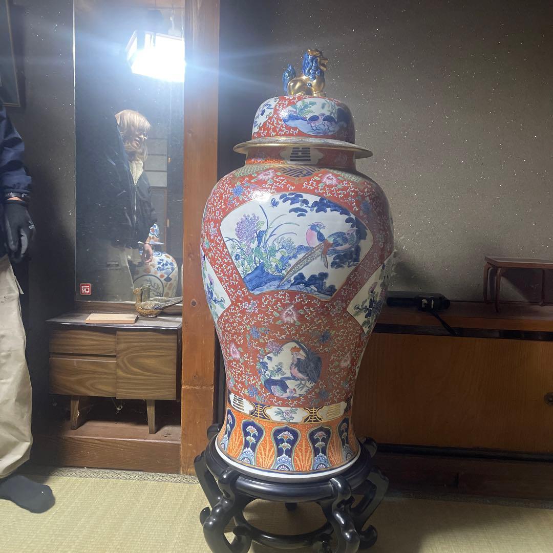 陶器製 色絵 花瓶 獅子付き 3段壺