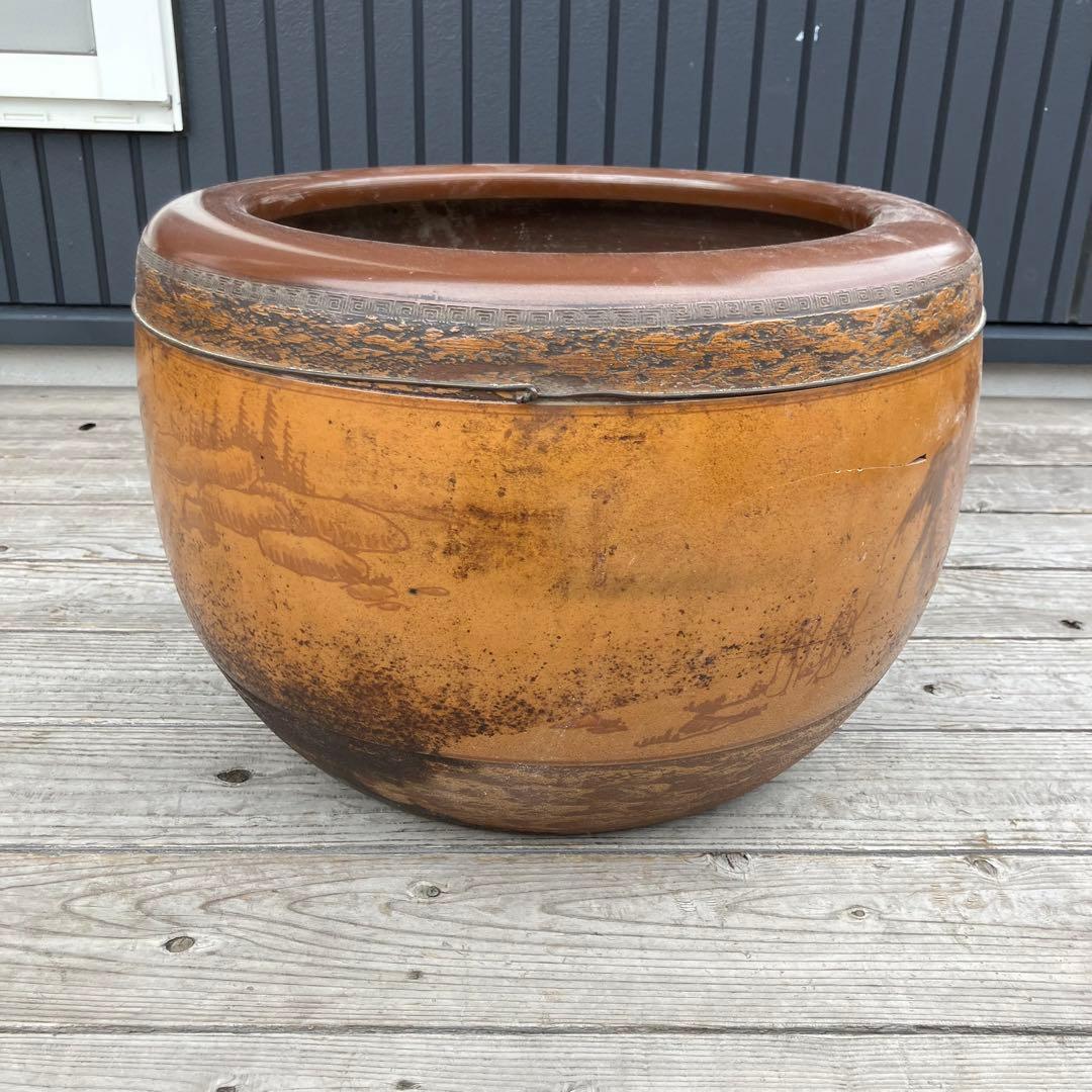 アンティーク 中国風景画 陶器製 大型 火鉢 五徳 灰付き 睡蓮鉢 メダカ