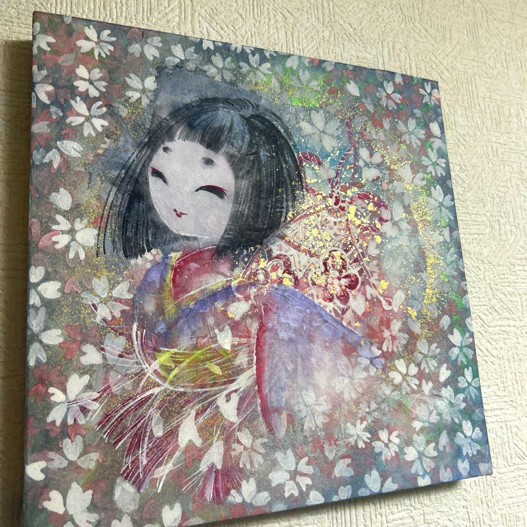 吉祥日本画「金箔入り　座敷わらし　手毬梵天」幸福の座敷童子