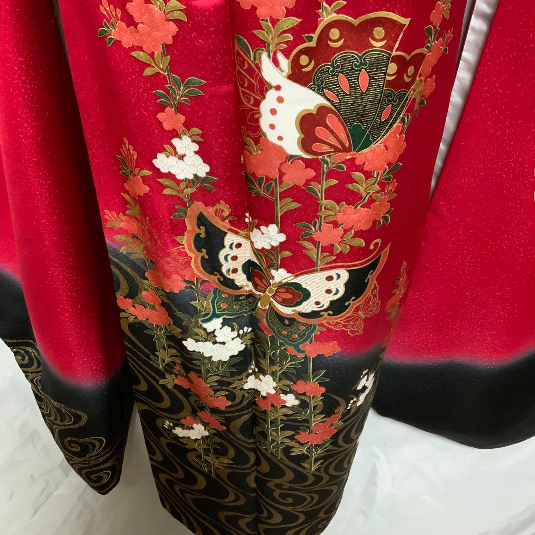 振袖】鈴屋スーパー鈴ガード加工 赤黒染め分け 蝶と花紋様 正絹 成人式