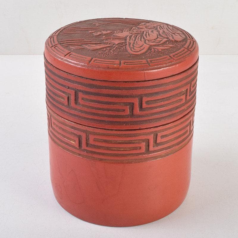 古清水薩摩焼　陶堆朱　山水文　重箱　二段重箱　拝領時代箱　C　R9138