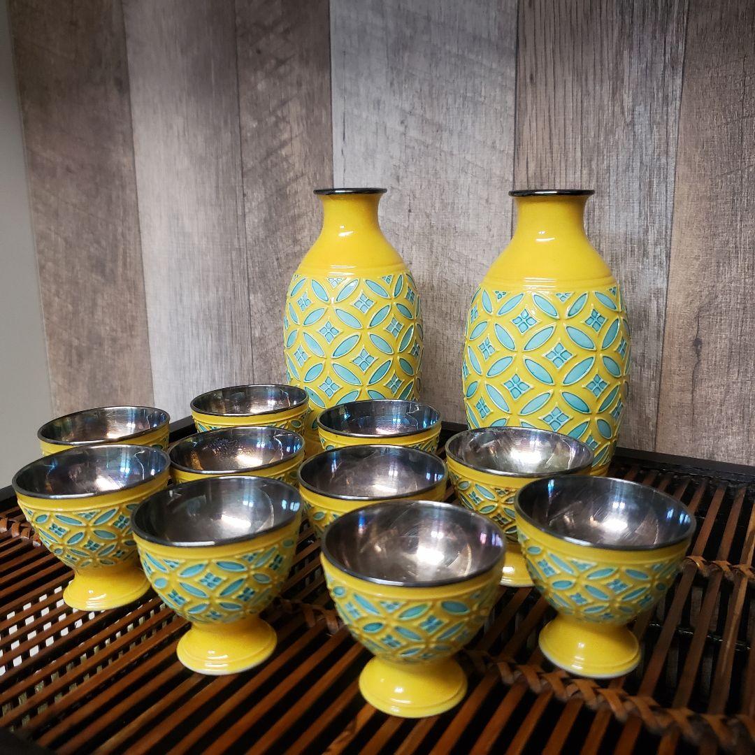 12点セット】永楽焼/黄交趾/酒器揃/徳利一対/酒盃十客/内銀張/骨董